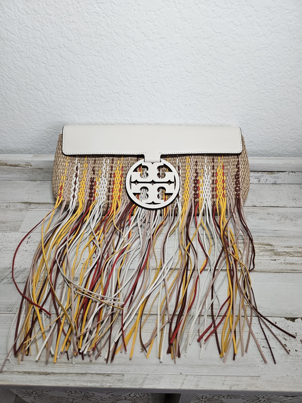 New without Tags - Tory Burch Miller Fringe Woven Clutch in Natural / Ivory